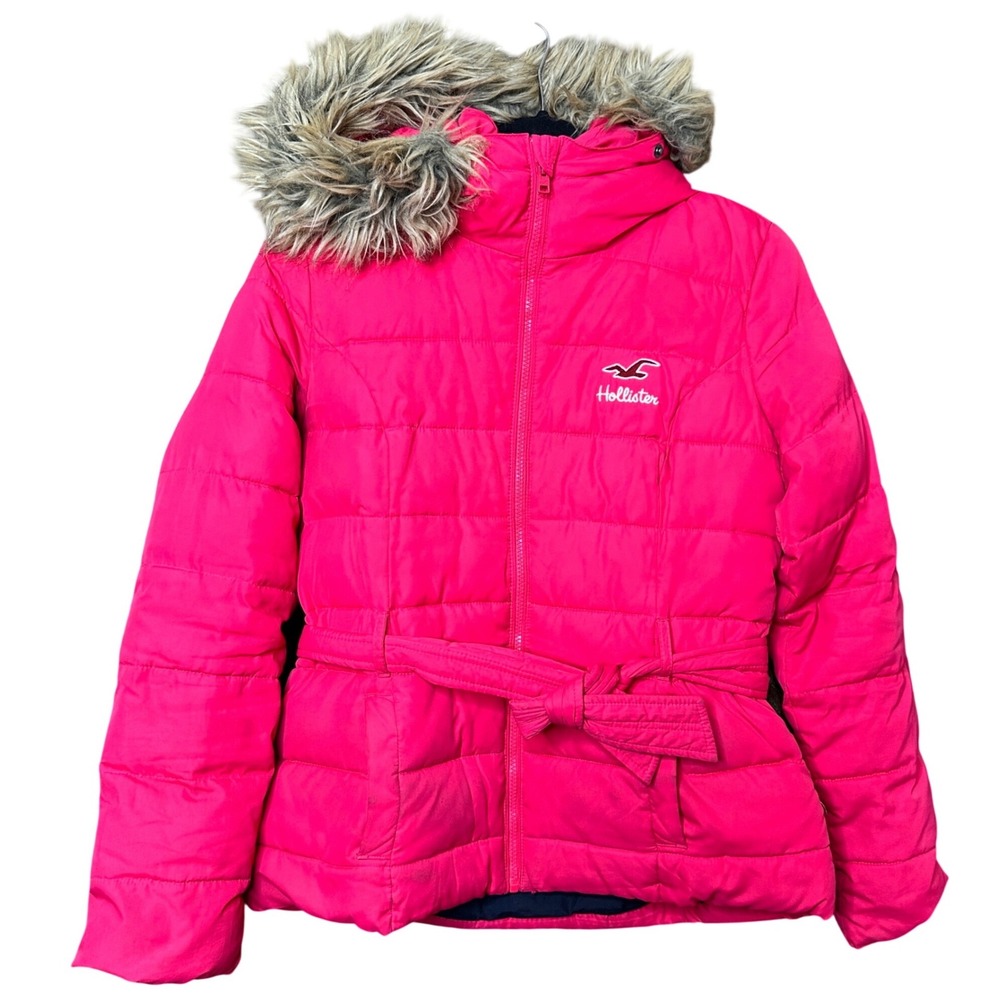 Vintage Y2K Hollister Down Puffer Jacket Womens Med Faux Fur Hood Preppy Barbie